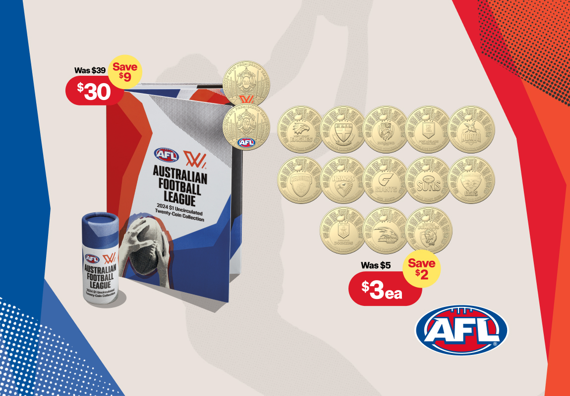 AFL coin and folder set was $39 now $30, AFL coins Was $5 now $3 each